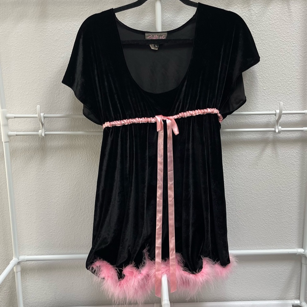 Jeannie Nitro Stretch Black Velvet Mini Dress with Pink Marabou Trim Size Large